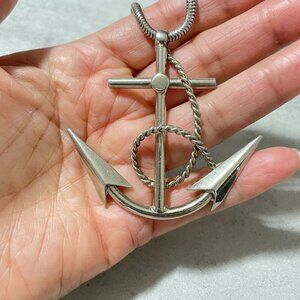 Polished Ship's Anchor Pendant Snake Chain Silver Tone Fashion Necklace 10" Drop